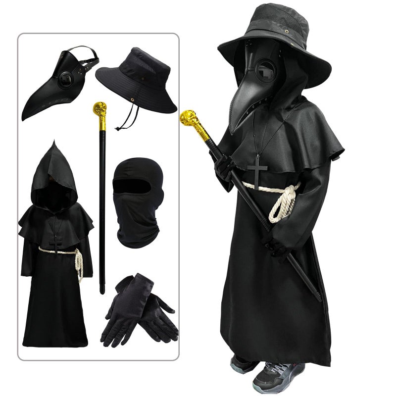 Wakejoy Plague Doctor Costume for Kids 7 in 1 Set Halloween Costumes for Boys Girls Halloween Outfit (X-Large-150) - Image 1